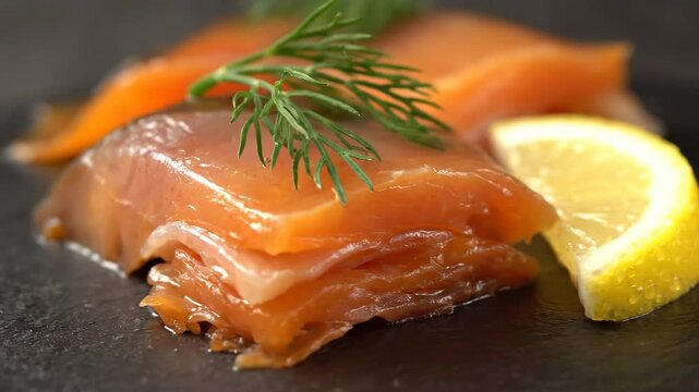 Macro close-up of premium smoked salmon slices garnished with fresh dill and a slice of lemon on a dark slate plate. ready-to-eat appetizer or gourmet delicacy.