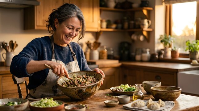 Happy mature woman mixing dumpling filling in kitchen for traditional meal