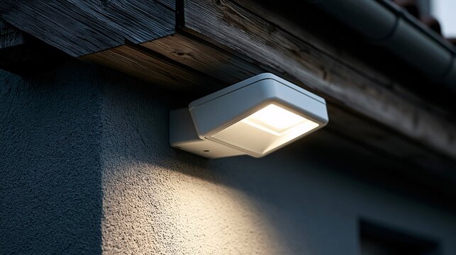 Modern white LED outdoor wall light mounted on textured dark grey building facade