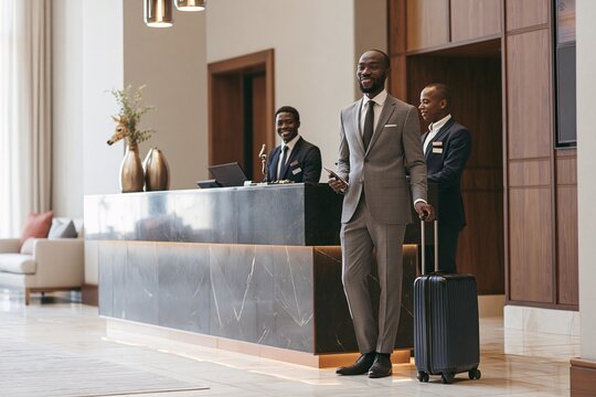 Professional guest arrives at hotel lobby with suitcase, greeted by staff.