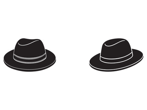 Blackandwhite illustration of two classic fedora hats with wide brims and indented crowns  isolated on white background