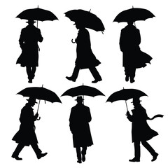 set silhouettes of men walk with umbrella © prasetyowisnu