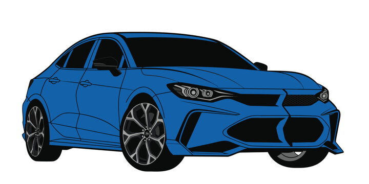 A stylized vector illustration of a modern sporty blue sedan on a white background