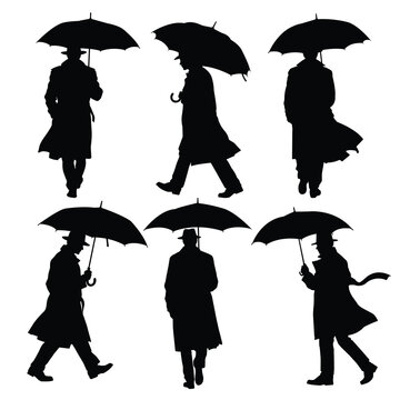 set silhouettes of men walk with umbrella