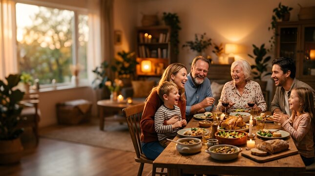 Multi-generation family laughing while sharing a celebratory dinner at home