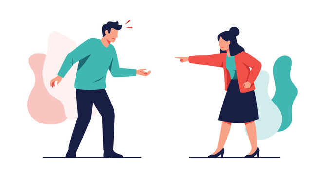 Man and woman in casual clothes arguing and pointing at each other representing conflict, disagreement, and relationship problems.