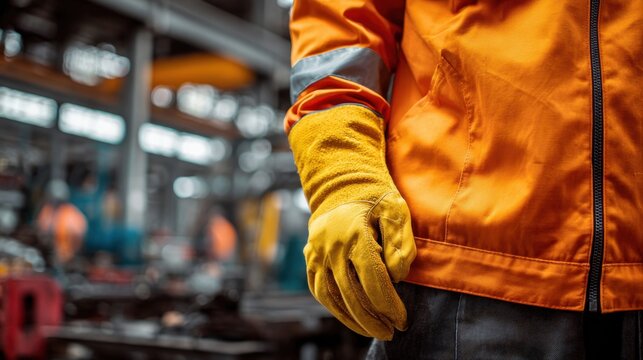 Industrial worker in orange safety jacket and yellow leather gloves in factory