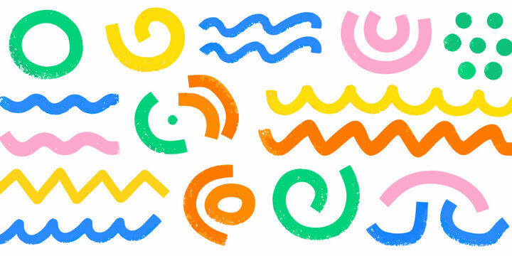Colorful hand drawn wave and squiggle patterns on a white background