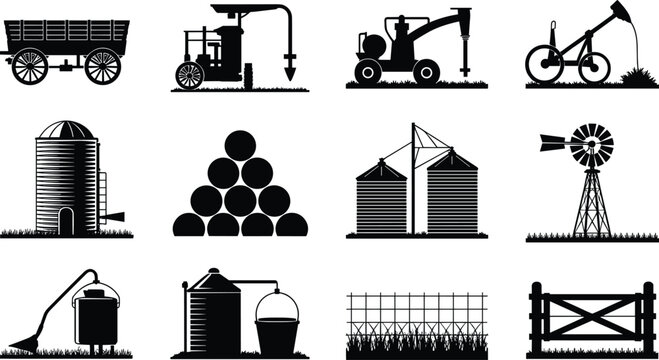 Farm Equipment and Agricultural Infrastructure Silhouette Collection with Machinery Barn and Rural Elements