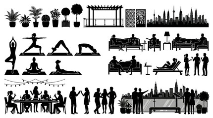 Obraz premium Silhouette flat vector collection of rooftop lounge architecture entourage elements with terrace balcony and city skyline