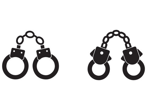 Pair of black handcuffs with metal chain links on white background  police arrest restraints