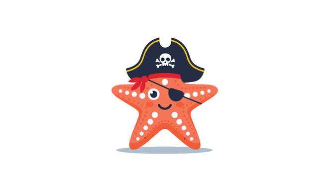 Cute orange starfish character wearing a pirate hat with a skull and crossbones and a black eye patch, smiling on a simple white background.