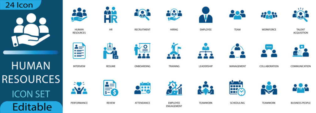 Human resources icon set. featuring recruitment, leadership, teamwork, and employee management elements in blue flat style for corporate business and workforce ect.