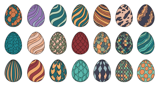 Large array of colorful eggs featuring various patterns like dragon scales, stripes, spots, and waves, arranged in a clean and organized grid.
