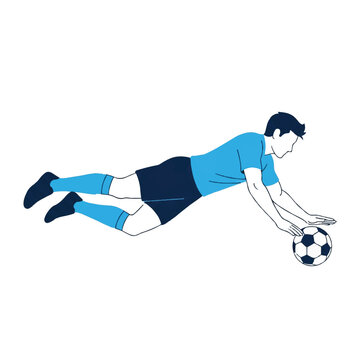 A forward lunging forward for a diving header, body parallel to the ground, determination and power mood. Limited palette of sky blue, dark blue, and white. minimalist flat vector artwork,
