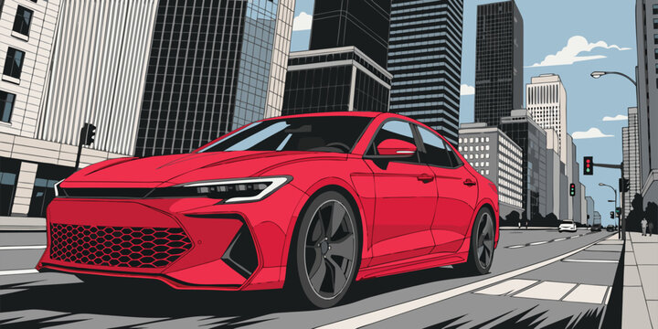 Vibrant cel shaded illustration of a sleek red sports sedan on a modern city street