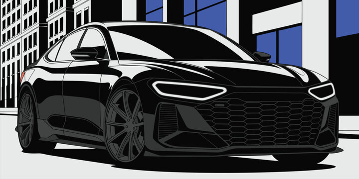 Stylized digital illustration of a sleek black high performance sedan in a minimalist urban setting