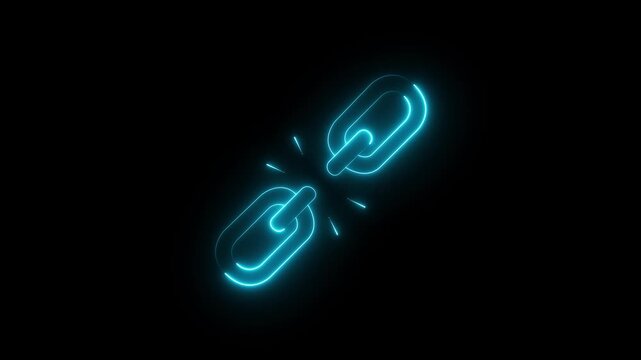 Glowing neon unlink icon isolated on black background. broken Link icon animation.