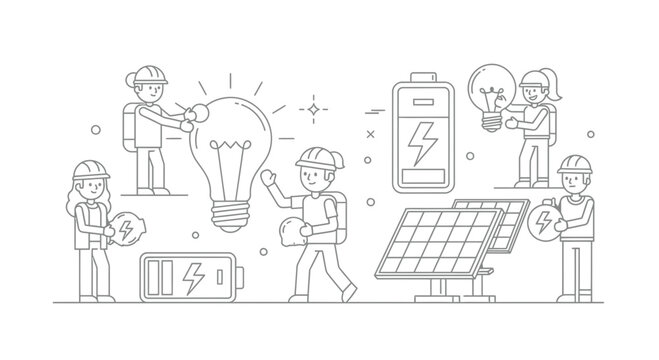 Solar Energy and Renewable Power Engineering Line Art Illustration