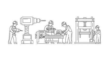 Obraz premium Factory Workers Operating Industrial Machinery Line Art Illustration