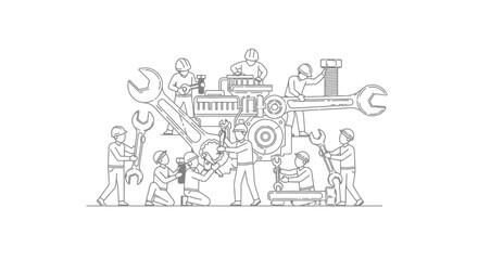 Obraz premium Tiny technicians team repairing a large engine using giant tools outline vector illustration