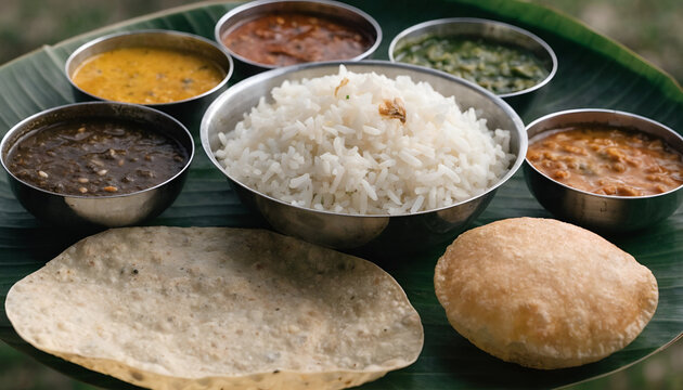 Traditional South Indian Thali with Rice and Curry Served on Banana Leaf