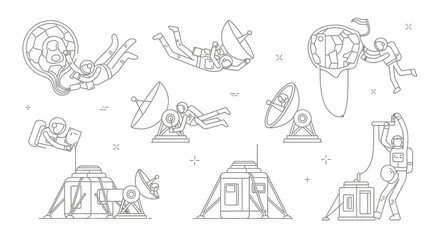 Fototapeta premium Space exploration line art set featuring astronauts and moon bases