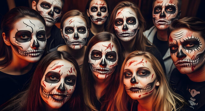 Spooky halloween group portrait with creepy skull face paint for a frightful night
