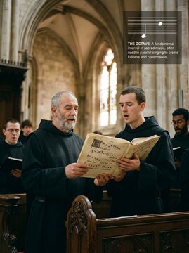 Benedictine Monks Singing Gregorian Chant From Medieval Gradual Manuscript in Gothic Cathedral