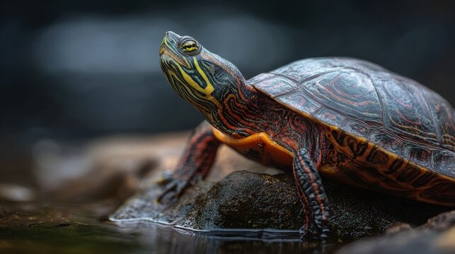 Painted turtle on wet rock with vivid markings in dramatic light