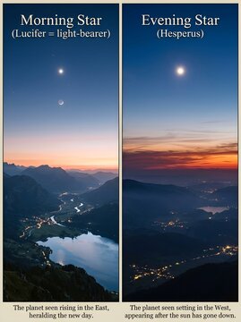 Venus as Morning Star and Evening Star Comparison &mdash; Astronomical Infographic Over Alpine Valley at Twilight