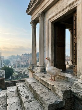 Sacred Geese of Juno Moneta Standing on Steps of Roman Temple on Capitoline Hill Overlooking the Forum &mdash; Ancient Rome Living History