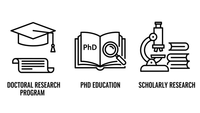 Set of academic research and ph d education outline icons with research education academic doctorate university learning microscope document knowledge graduate laboratory experiment