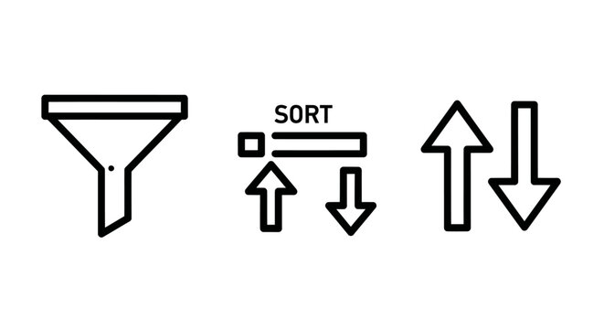 Data filtering and sorting icons collection with ascending descending database interface management graphics information organization settings direction monochrome isolated application