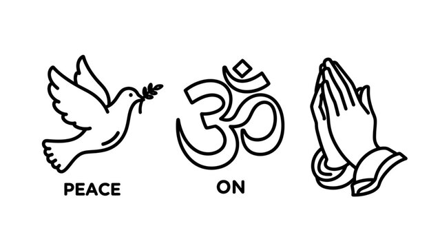 Spiritual concepts represented by peace dove symbol om sign and prayer hands line icons with spiritual religion meditation mindfulness serenity tradition buddhism hinduism enlightenment