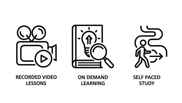 Online education concepts featuring lessons on demand learning and self paced study icons education learning training knowledge elearning academic classroom development information tutorial