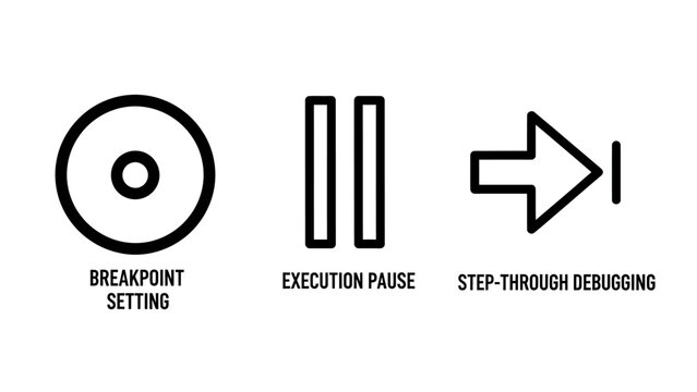 Software debugging and programming icon set featuring breakpoint and execution pause debugging programming breakpoint software execution development developer computer function technical