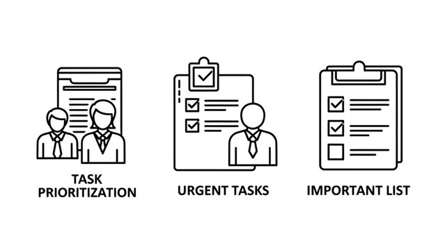 Business task management icons including prioritization team coordination urgent task list and important workflow checklists for corporate productivity with management prioritization checklist