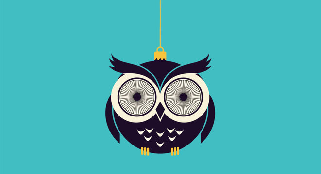 Stylized dark blue owl shaped ornament hanging from a yellow string on a solid turquoise background for holiday decorations.