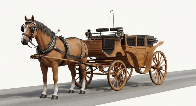 Classic Wooden Horse Carriage with Brown Horse Isolated on White