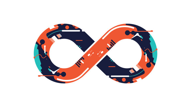 Abstract infinity symbol with a complex interior pattern of red blue and black shapes representing continuous loop concepts.