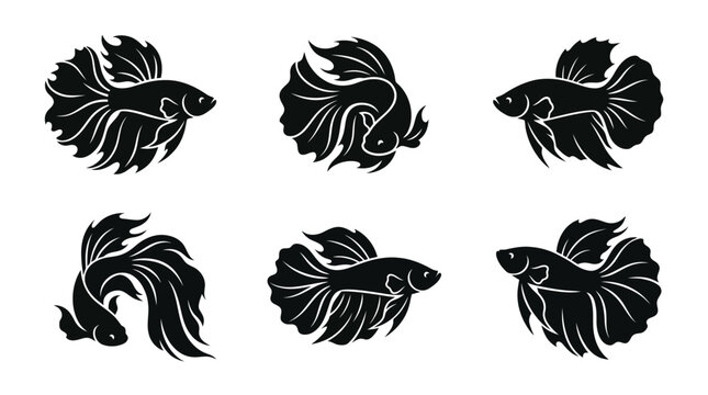 Six different black betta fish silhouettes on a clean white background, minimalist vector style.