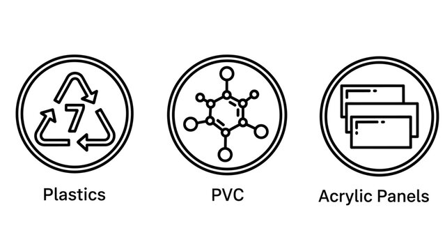 Set of industrial material icons including recycled plastic pvc and acrylic panels with material recycling industrial manufacturing chemical construction illustration collection production