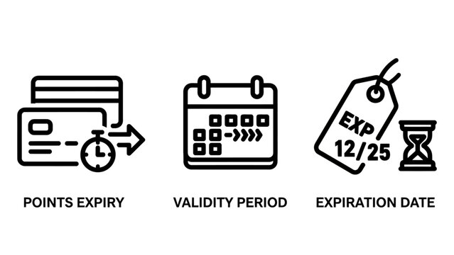 Set of financial and account management icons representing points expiry validity period and expiration date with validity expiration calendar hourglass management deadline limitation business