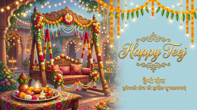 Beautifully decorated traditional swing for teej festival celebration