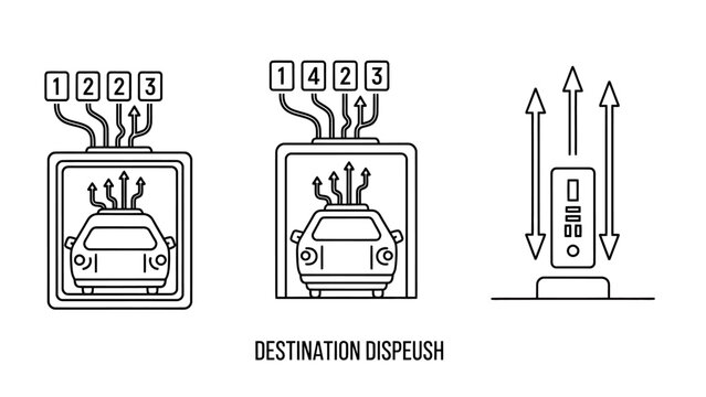 Destination dispatch system and elevator routing icon set with elevator destination dispatch transport building selection navigation automation interface technology architecture management