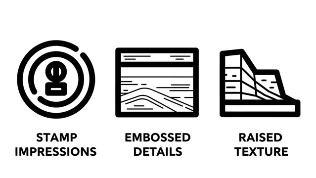Printing techniques and material texture icon set with impression embossed printing material finishing production branding packaging industrial fabrication technique illustration industry