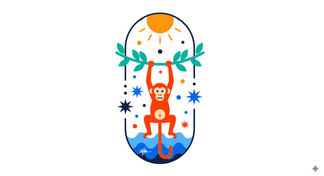 Red monkey hanging on branch in minimalist badge illustration