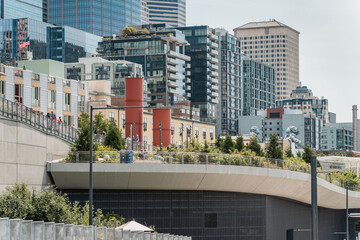 Seattle New Waterfront with Aquarium, Pike Place, and Park. View of the Puget Sound from the...