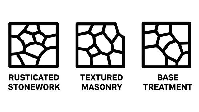 Masonry and stone wall texture types outline icons with rusticated stonework textured treatment construction architecture building material exterior finishing structure interior cladding